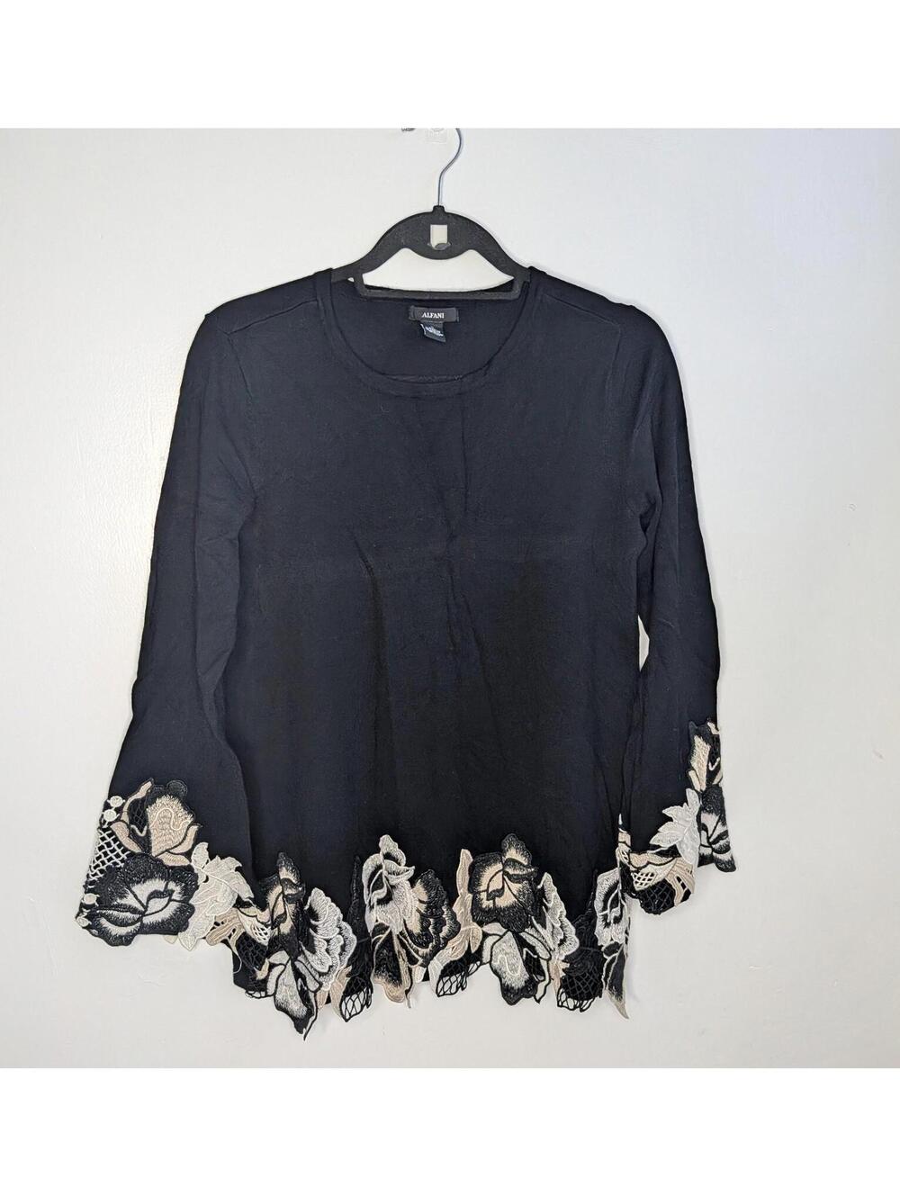 Alfani Sweater Tunic Womens Medium Black Floral Lace Hem Long Sleeve Embroidered